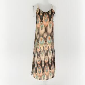 Dry Lake Naomi Long Dress Size Small Peacock Feather Print Maxi Resortwear Brown